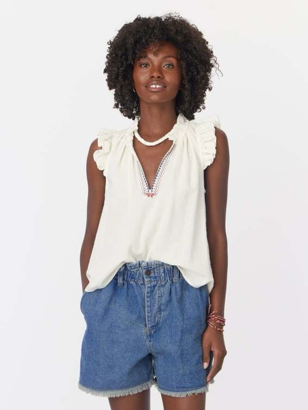 Xirena Elyza Embroidered Ruffle-Trim Top